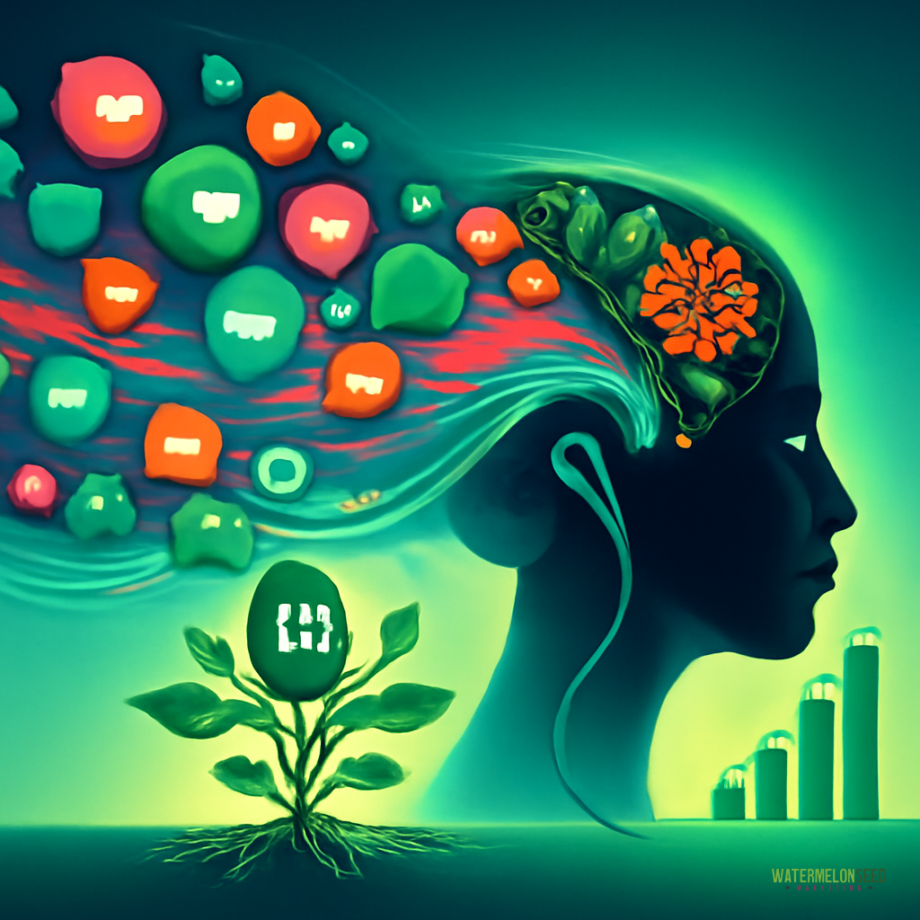 A silhouette of a human head with a brain filled with colorful shapes, connected to a plant and glowing bar graphs, using visual branding techniques to represent growth and knowledge.