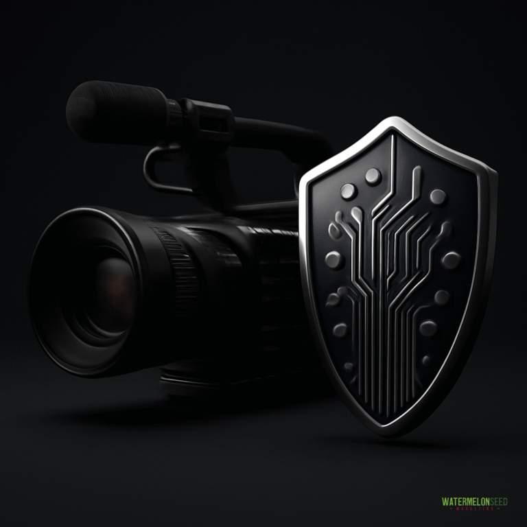 A video camera is positioned next to a shield featuring a circuit board pattern, using visual branding techniques to symbolize digital security in video recording.