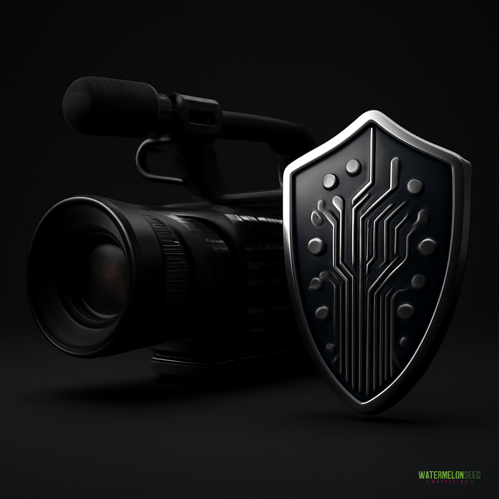A video camera is positioned next to a shield featuring a circuit board pattern, using visual branding techniques to symbolize digital security in video recording.