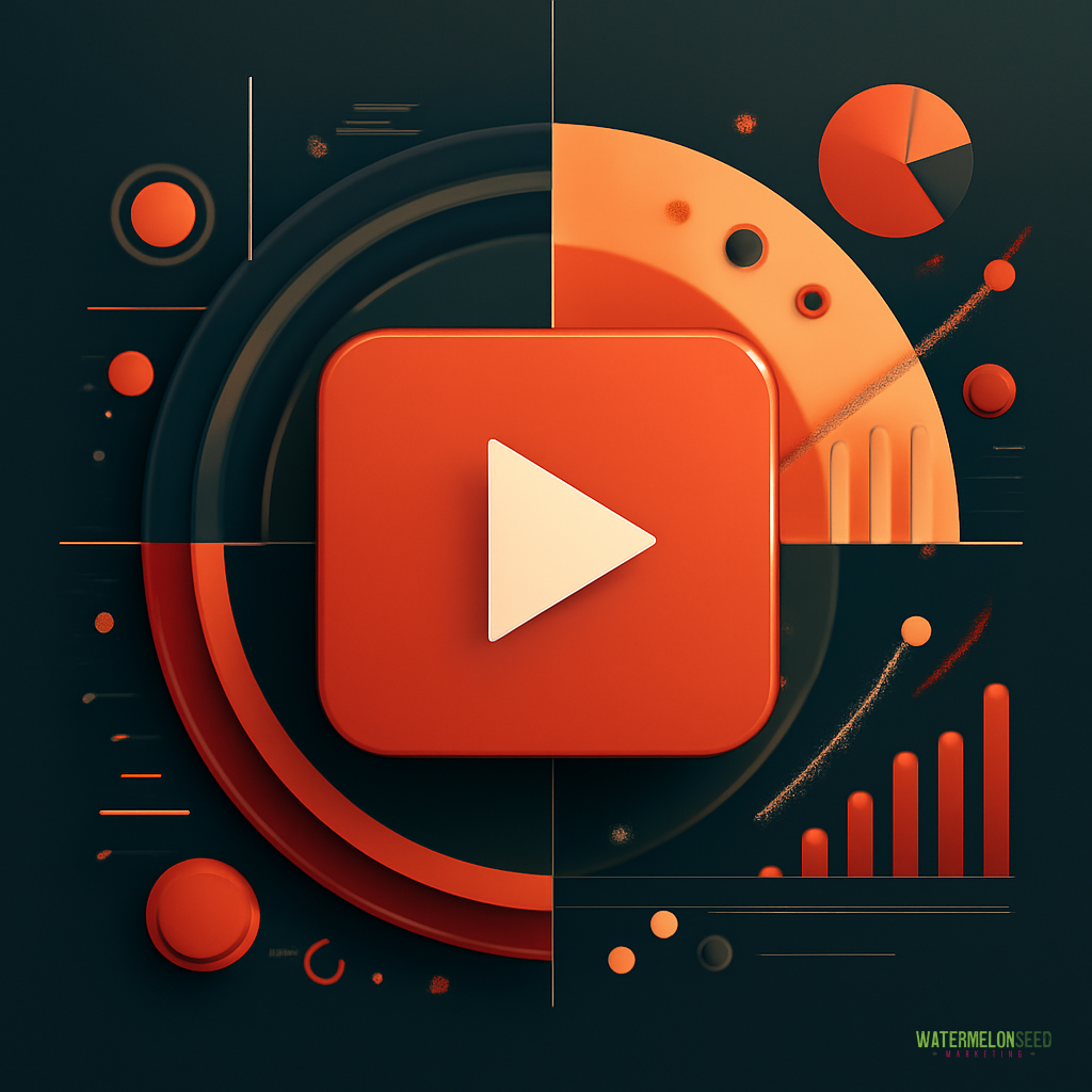 A red play button is centered among abstract circular and bar graph shapes, suggesting themes of video, analytics, and visual branding techniques on a dark background.