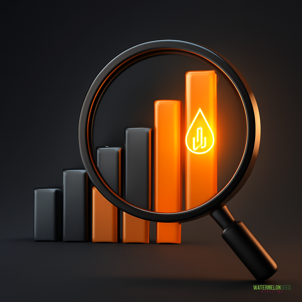 A magnifying glass focuses on an orange bar with a droplet icon in a bar chart, using visual branding techniques to highlight oil or energy analysis.