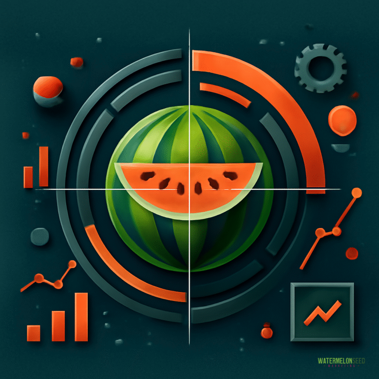A watermelon with a slice cut out is centered among circular graphs, charts, and analytics icons on a dark background, showcasing creative visual branding techniques.