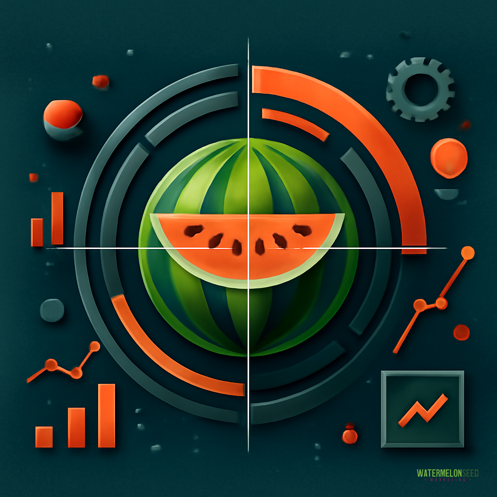 A watermelon with a slice cut out is centered among circular graphs, charts, and analytics icons on a dark background, showcasing creative visual branding techniques.