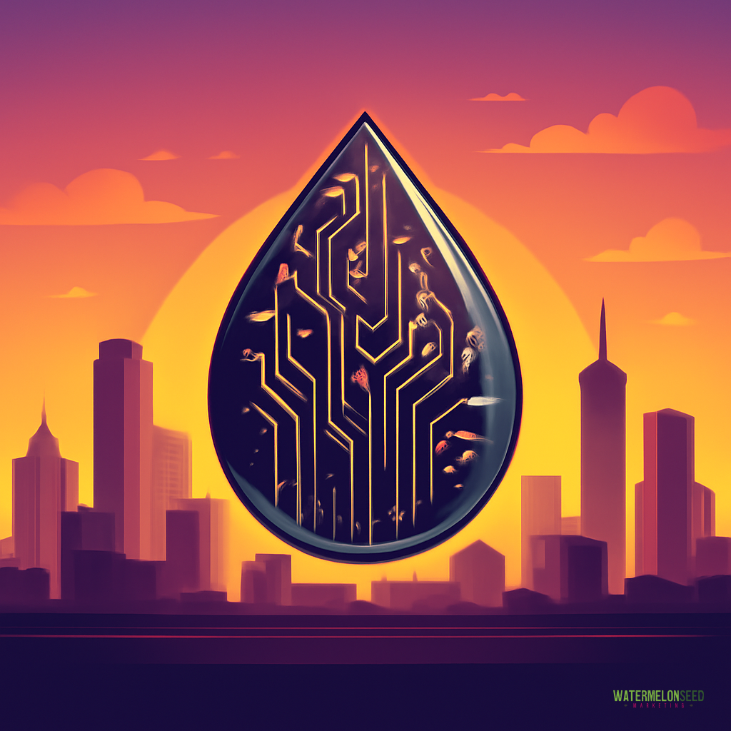 A large black droplet with circuit-like patterns and tiny fish floats in front of a city skyline at sunset, reflecting the innovative spirit of digital advertising trends in Frisco.