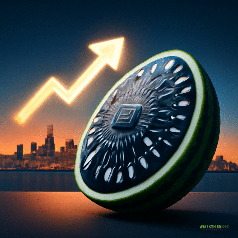 A digitally created image of a black-and-green watermelon with a geometric pattern, set against a city skyline and a glowing upward arrow, captures the spirit of digital advertising trends in Frisco.