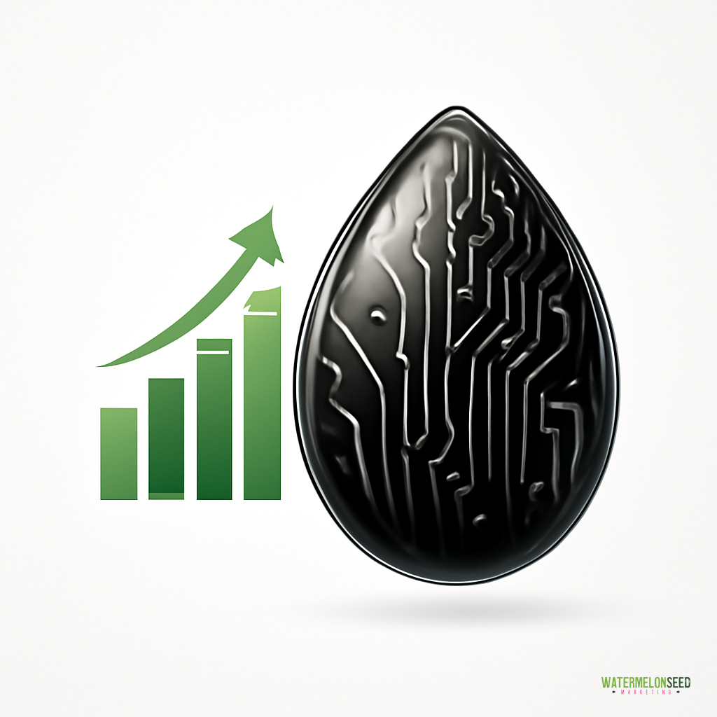 A black, teardrop-shaped object with circuit patterns sits next to a green, upward-trending bar graph and arrow, symbolizing digital advertising trends Frisco, on a white background.