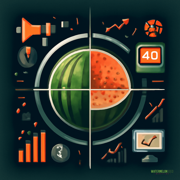 A watermelon is centered in crosshairs, surrounded by charts, graphs, a checkmark on a screen, a loudspeaker, and the number 40 on a display, suggesting analysis or monitoring of digital advertising trends in Frisco.