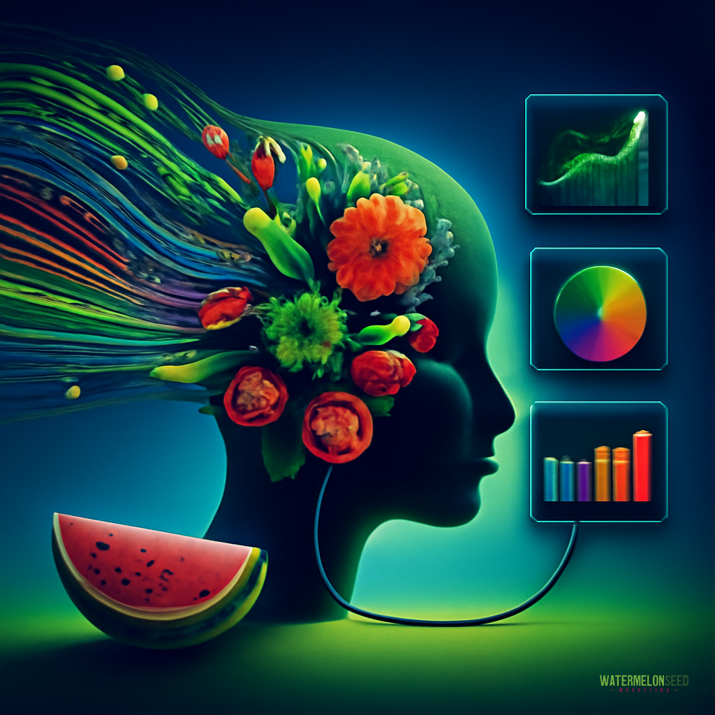 A silhouette head with flowers and vegetables for hair is connected to data charts, with a watermelon slice nearby, symbolizing the link between nutrition and performance analytics for marketing.