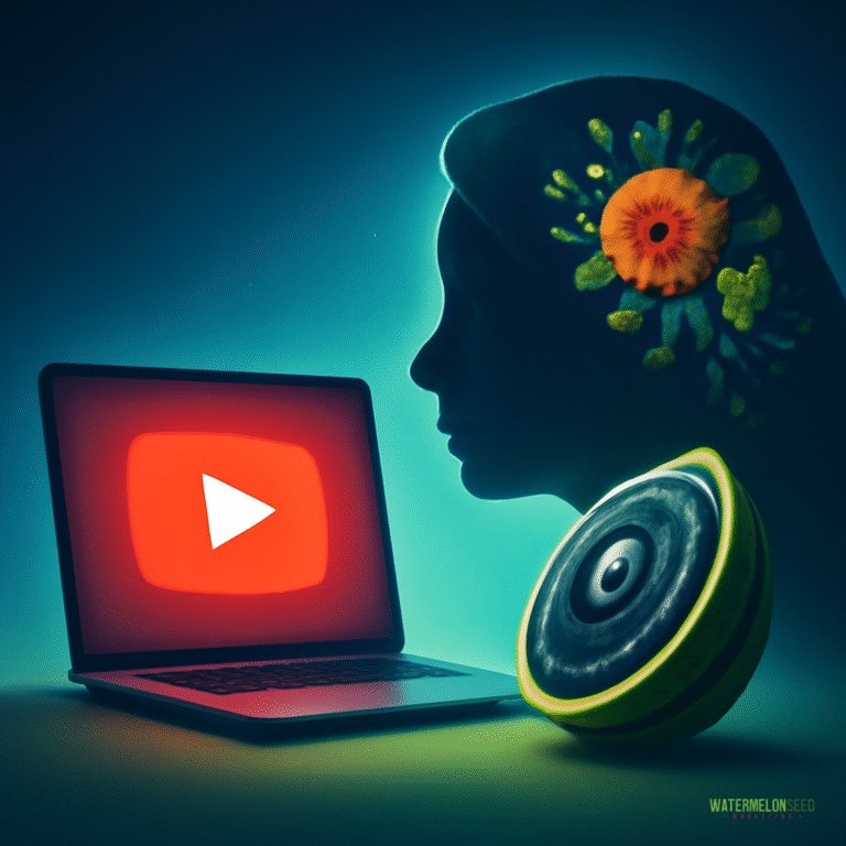 A laptop displaying the YouTube logo, a stylized female silhouette with flowers in her hair, and a halved fruit resembling a speaker in front—an imaginative take on YouTube advertising for small businesses.