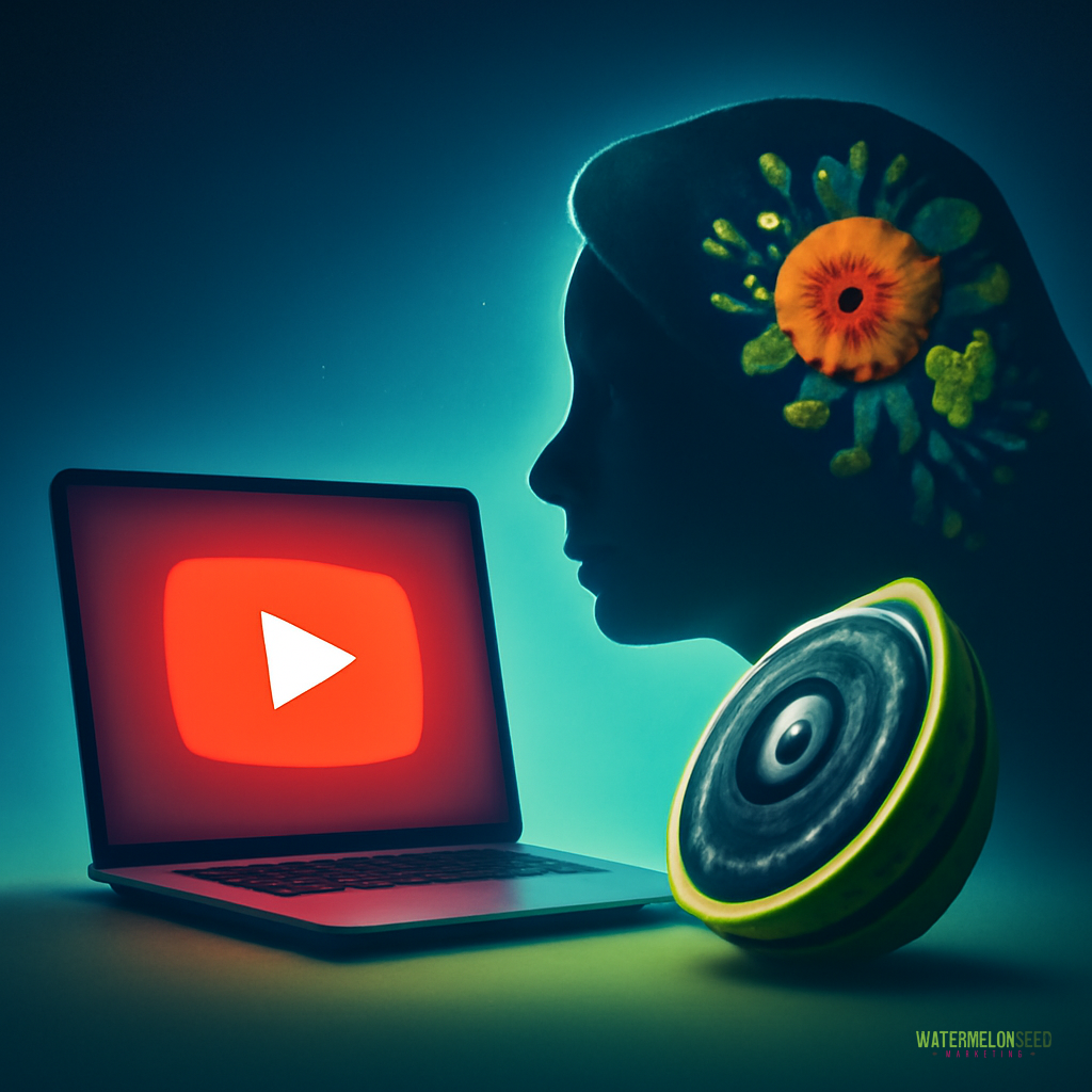 A laptop displaying the YouTube logo, a stylized female silhouette with flowers in her hair, and a halved fruit resembling a speaker in front—an imaginative take on YouTube advertising for small businesses.