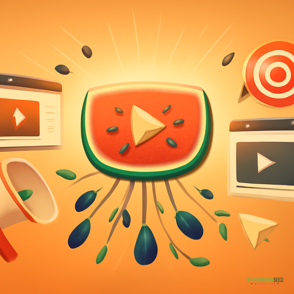 A stylized illustration features a watermelon slice with a play button in the center, surrounded by digital media icons and seeds resembling arrows, symbolizing engaging video content for social media marketing on an orange background.