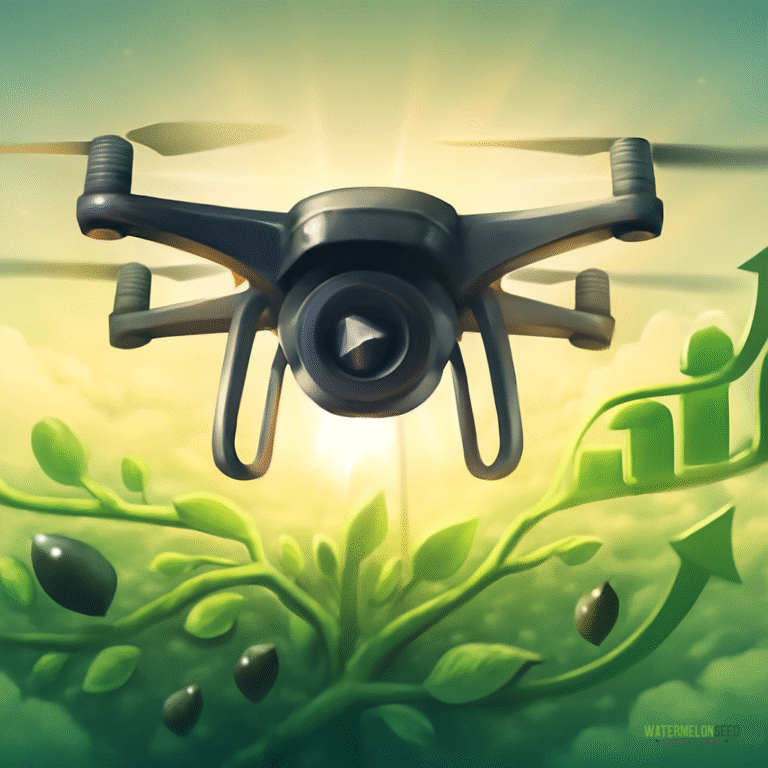 A drone hovers in the sky above green plants with upward arrows and leaves, symbolizing agricultural technology and growth—ideal video content for social media marketing.