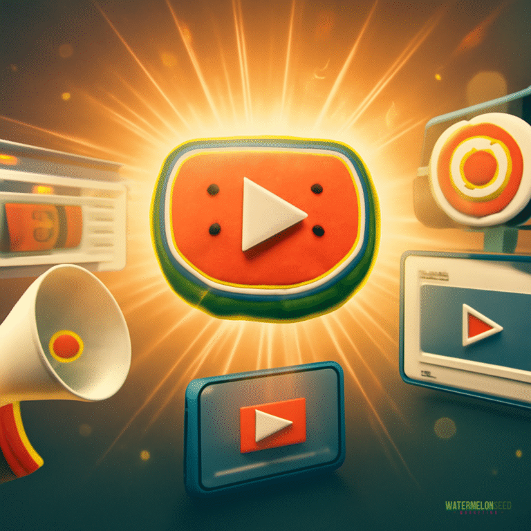 A glowing play button symbol is surrounded by various multimedia icons, including a megaphone and video player screens, set against a warm, radiant background—perfect for showcasing video content for social media marketing.