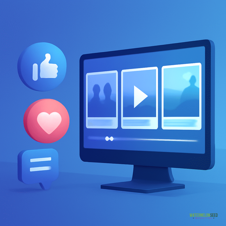 A computer monitor displays a video playlist, with 3D social media icons for like, heart, and comment beside it on a blue background—perfect for showcasing video content for social media marketing.