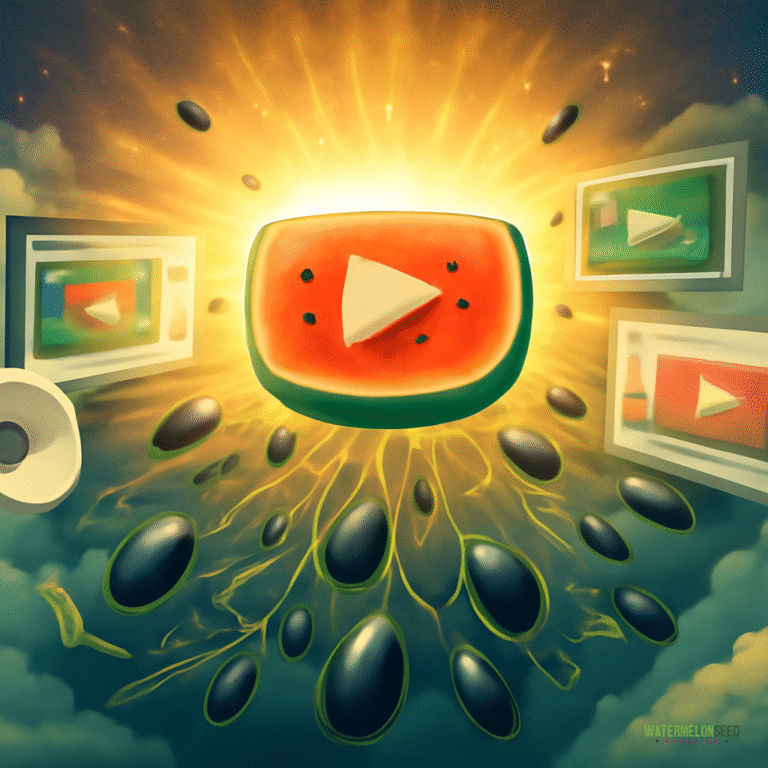 A glowing watermelon slice with a play button in the center symbolizes engaging video content for social media marketing, surrounded by black watermelon seeds and floating screens with play icons against a dramatic sky background.