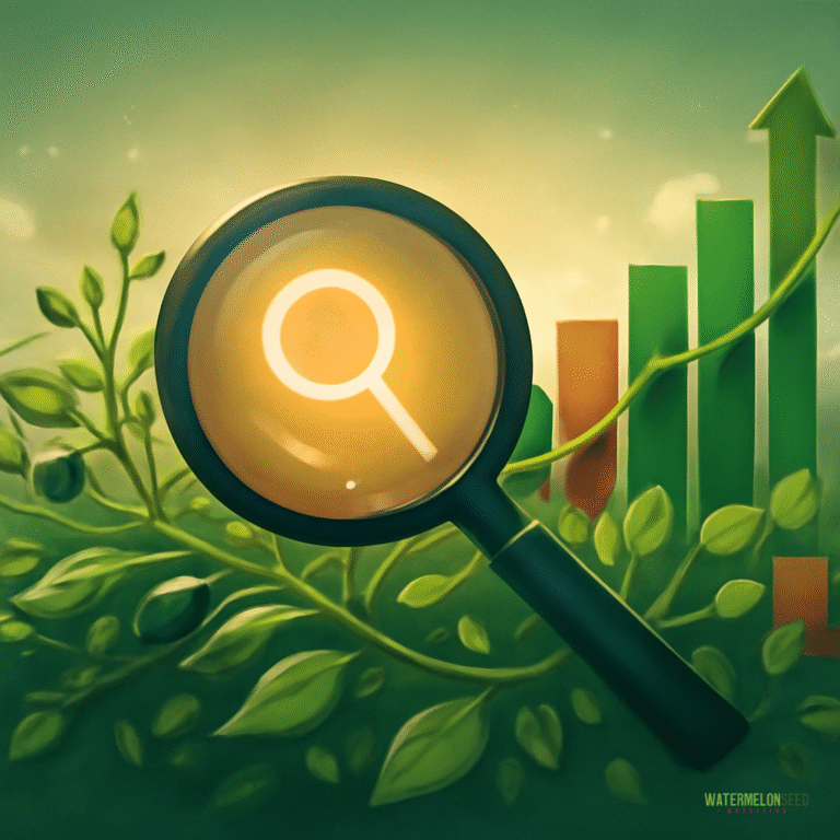 A magnifying glass with a search icon overlays green plant growth and a rising bar graph, symbolizing research, growth analysis, and effective SEO strategies for small businesses.