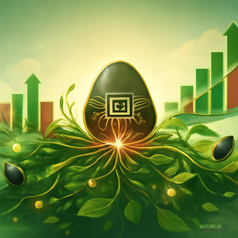 A black egg with a QR code stands among green plants and glowing roots, with upward-trending bar and arrow graphs in the background, symbolizing growth through effective SEO strategies for small businesses.