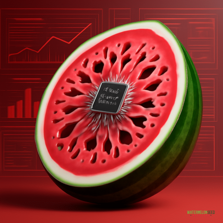 A watermelon sliced in half reveals technology-inspired circuitry and a microchip at its center, symbolizing analytics for conversion optimization, set against a red background with data charts.