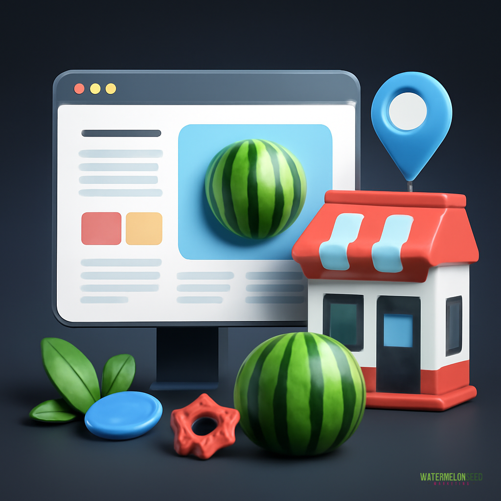 A computer screen displays a website beside a small store model, watermelons, and digital map icons, symbolizing online grocery shopping or website design for small businesses.