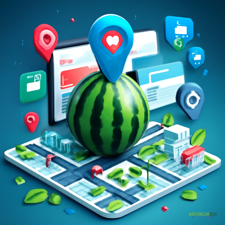 A 3D map with a watermelon at the center, surrounded by location pins, digital icons, buildings, and leaves—perfect for illustrating website design for small businesses focusing on location-based services or food delivery.