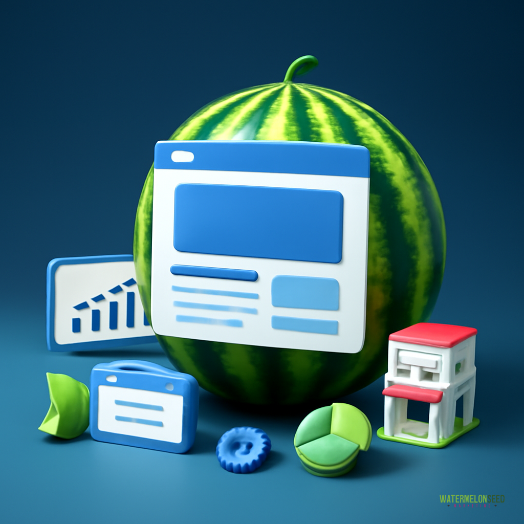 A watermelon is surrounded by plastic business icons, graphs, and a small toy building, illustrating the concept of website design for small businesses, all set against a blue background.