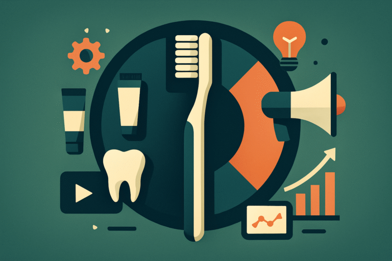 Flat illustration of dental care and marketing concepts, featuring a toothbrush, toothpaste, tooth, megaphone, charts, and digital media icons on a green background—highlighting elements crucial for effective dental advertising campaigns.