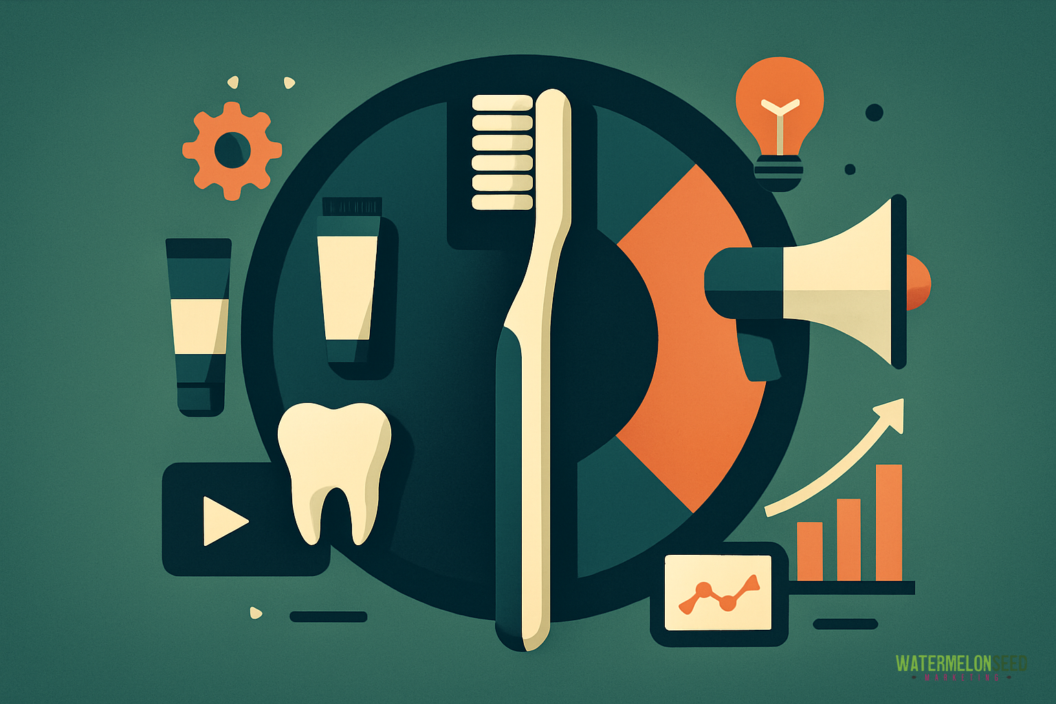 Flat illustration of dental care and marketing concepts, featuring a toothbrush, toothpaste, tooth, megaphone, charts, and digital media icons on a green background—highlighting elements crucial for effective dental advertising campaigns.