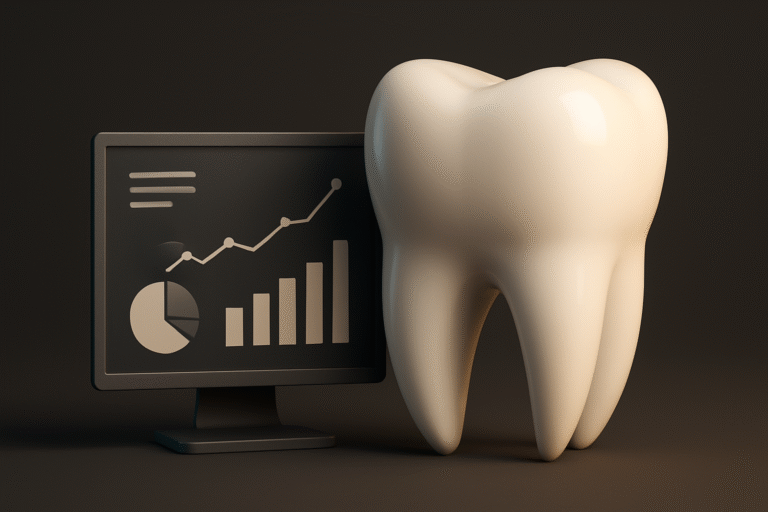 A large tooth stands beside a computer monitor displaying charts and graphs, symbolizing the analysis of effective dental advertising campaigns and dental data.