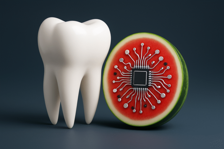 A large tooth stands next to a watermelon half with a computer chip and circuit pattern embedded in its red flesh, symbolizing the innovative fusion of technology and effective dental advertising campaigns.