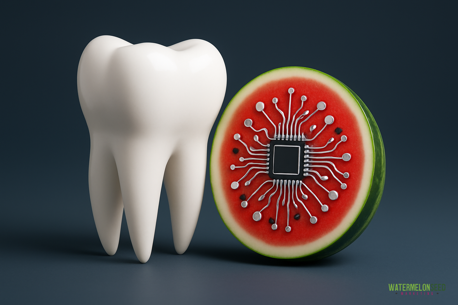 A large tooth stands next to a watermelon half with a computer chip and circuit pattern embedded in its red flesh, symbolizing the innovative fusion of technology and effective dental advertising campaigns.