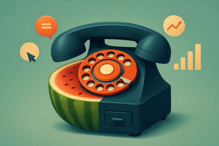 A rotary telephone with its body partially resembling a sliced watermelon, surrounded by digital communication and call tracking metrics for conversion optimization icons on a green background.