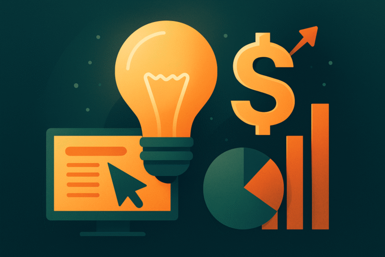 Illustration showing a lightbulb, dollar sign, computer monitor, bar chart, and pie chart, symbolizing ideas, financial growth, data analysis, technology, and cost-effective AdWords solutions.