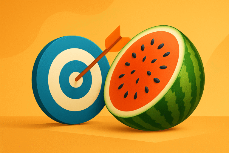 A blue-and-white target and a halved watermelon sit side by side; an arrow is lodged in the bullseye, symbolizing precise, cost-effective AdWords solutions. The background is orange.