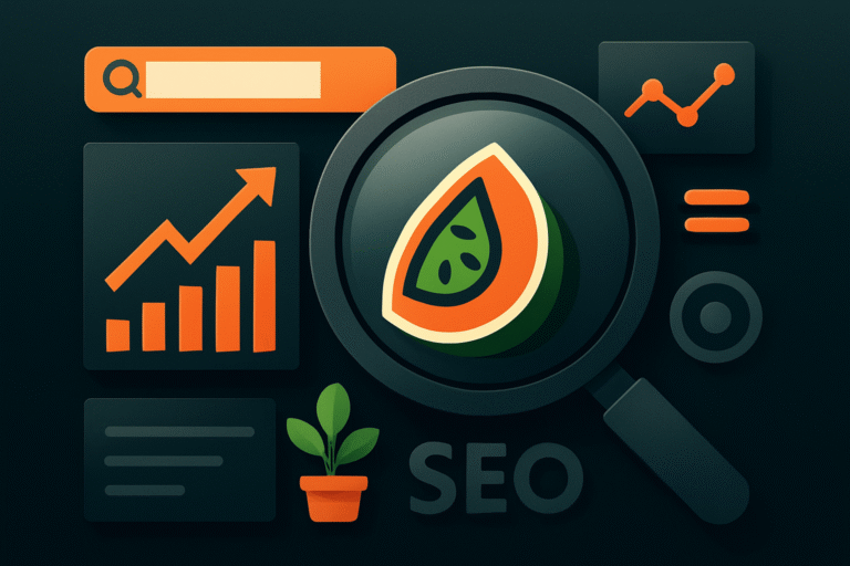 Illustration of advanced SEO techniques for small businesses with charts, a search bar, a magnifying glass over a melon slice, and the word "SEO" on a dark background.