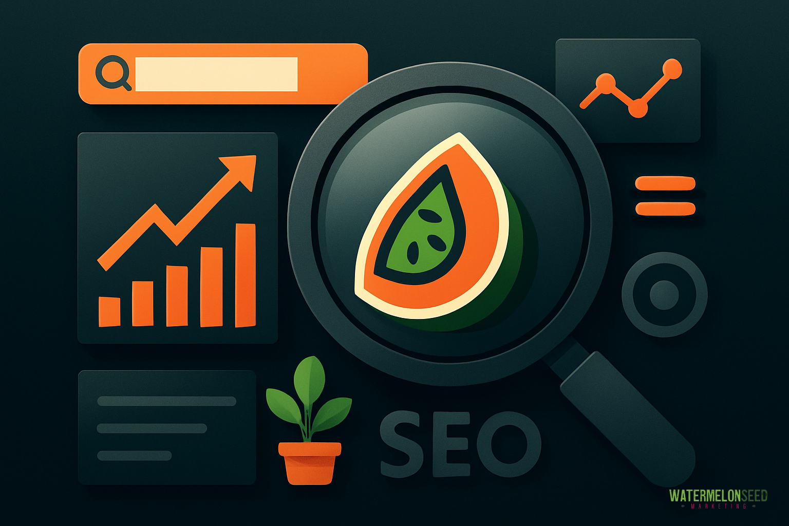 Illustration of advanced SEO techniques for small businesses with charts, a search bar, a magnifying glass over a melon slice, and the word "SEO" on a dark background.
