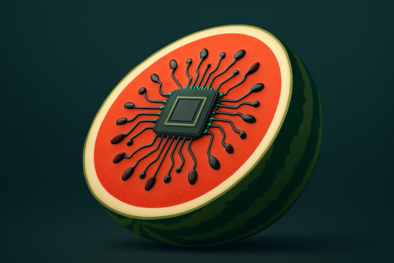 A halved watermelon with a computer microchip and circuit lines embedded in the red flesh, visually merging technology, fruit, and advanced SEO techniques for small businesses.