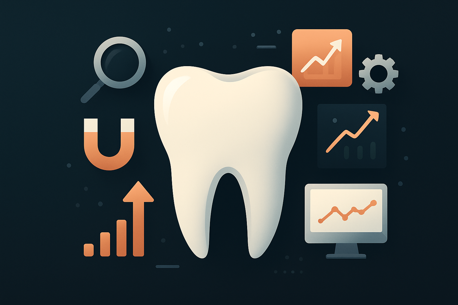 Illustration of a tooth surrounded by icons representing data analysis, growth charts, a magnet, a gear, and a computer screen, highlighting dental industry trends and effective SEO for dental practices.
