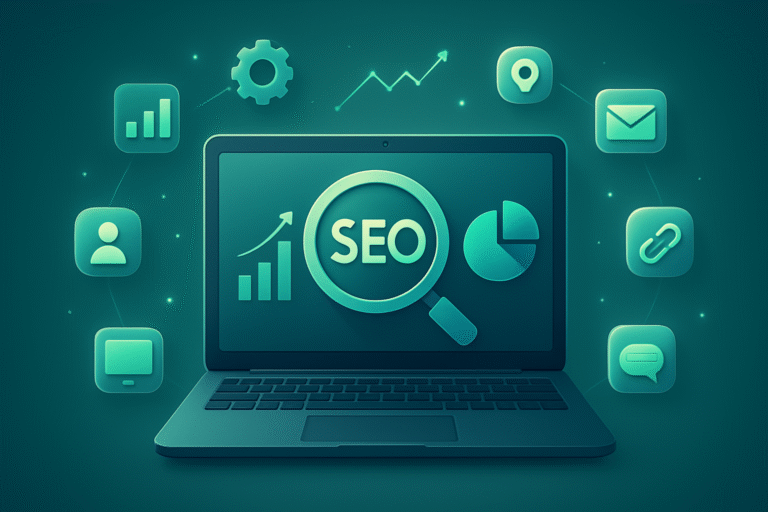 A laptop displaying the words "Advanced SEO" on its screen, surrounded by various digital marketing and analytics icons in a teal color scheme.