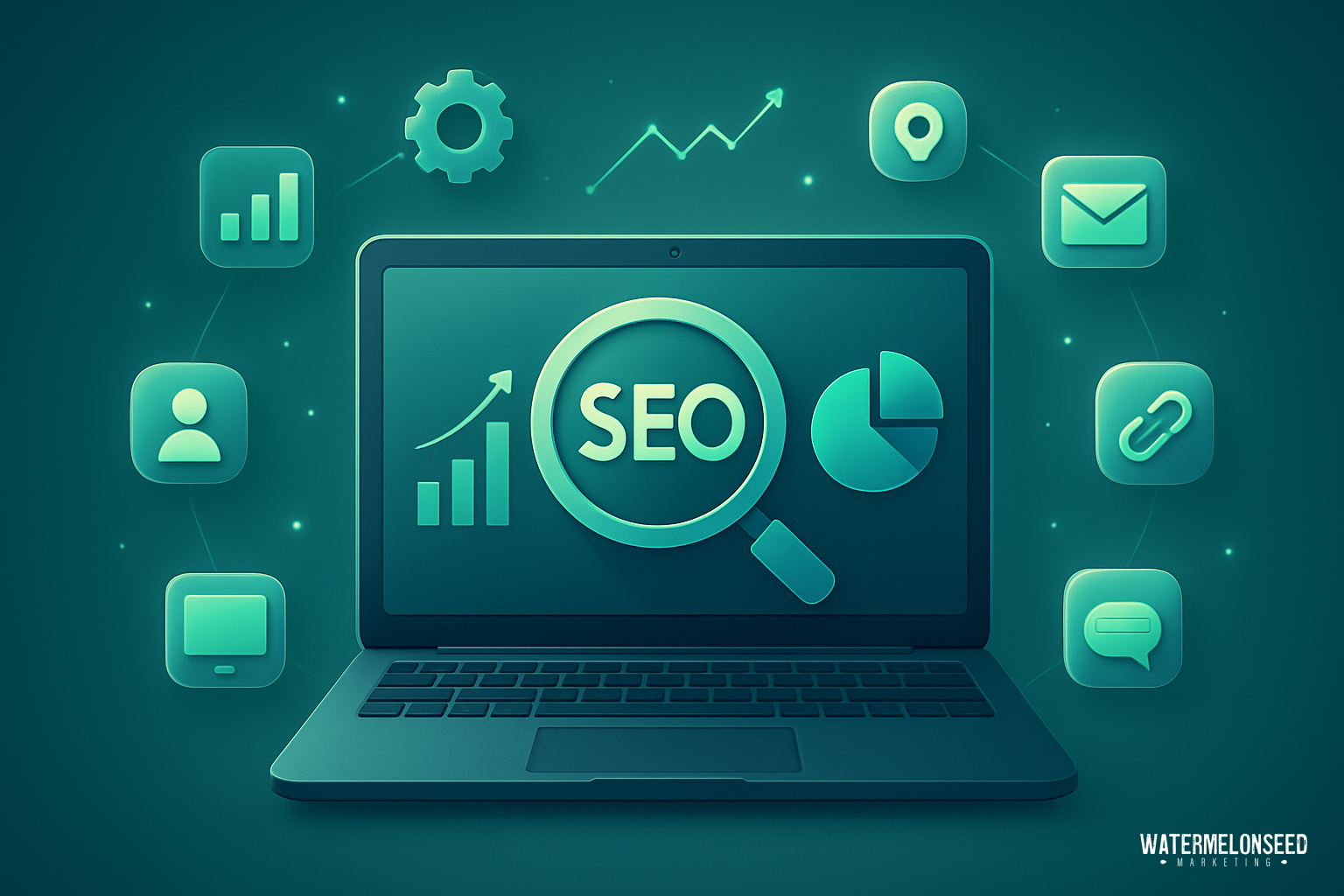 A laptop displaying the words "Advanced SEO" on its screen, surrounded by various digital marketing and analytics icons in a teal color scheme.
