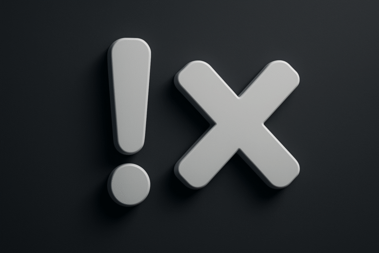 A 3D-rendered exclamation mark and an X symbol in gray, displayed side by side on a dark background, evokes the clarity and impact of conversion-focused web design.