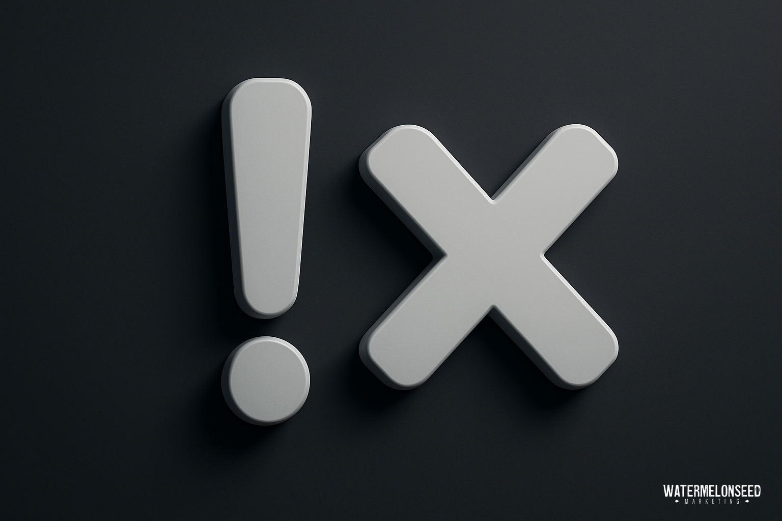 A 3D-rendered exclamation mark and an X symbol in gray, displayed side by side on a dark background, evokes the clarity and impact of conversion-focused web design.