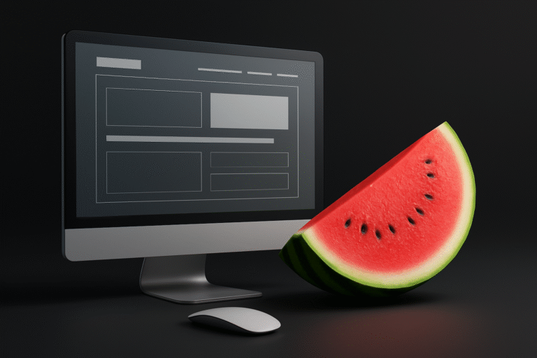 A computer monitor and mouse are placed next to a large slice of watermelon against a dark background, illustrating the refreshing creativity behind conversion-focused web design.