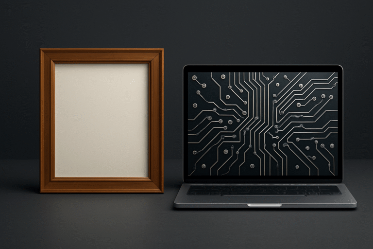 A blank wooden picture frame stands next to an open laptop displaying a black screen with a white circuit board pattern, both on a dark surface—a subtle nod to best practices for small business websites and digital presentation.