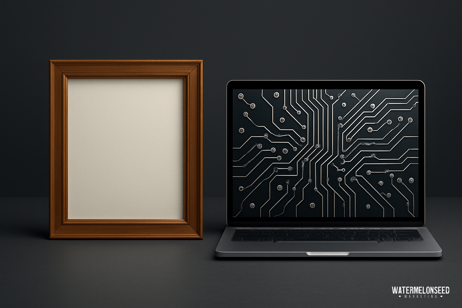 A blank wooden picture frame stands next to an open laptop displaying a black screen with a white circuit board pattern, both on a dark surface—a subtle nod to best practices for small business websites and digital presentation.