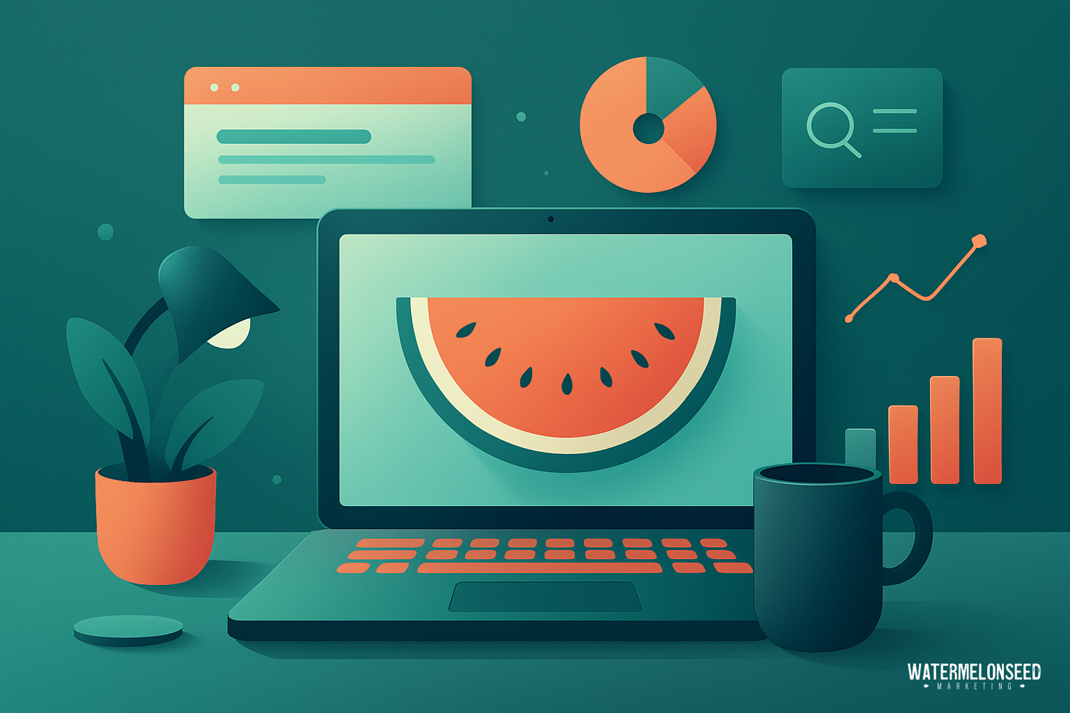 Illustration of a laptop displaying a watermelon slice, surrounded by a plant, cup, lamp, and digital charts and graphs, representing data analysis and conversion-focused web design in a modern workspace setting.