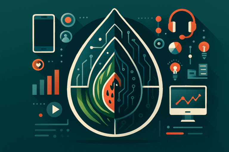 A digital illustration showing a leaf split with circuitry and a flame inside, surrounded by technology icons like a smartphone, graphs, and a computer monitor—perfect for showcasing conversion-focused web design.