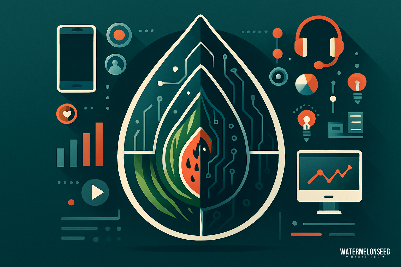 A digital illustration showing a leaf split with circuitry and a flame inside, surrounded by technology icons like a smartphone, graphs, and a computer monitor—perfect for showcasing conversion-focused web design.