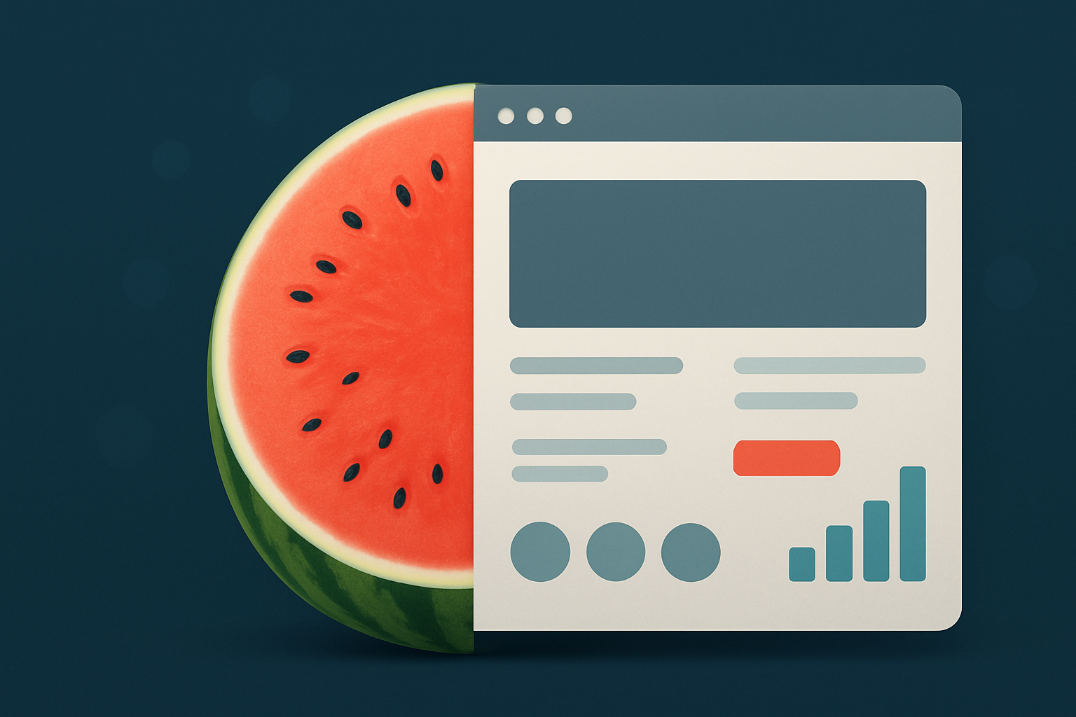 A graphic showing half a watermelon merged with a conversion-focused web design interface, featuring text boxes, a button, and bar graphs on a dark blue background.