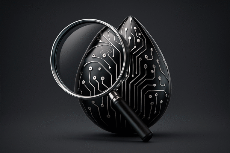 A magnifying glass hovers over a black, teardrop-shaped object with circuit-like patterns on its surface, subtly evoking the precision of SEO performance analytics, all set against a dark background.