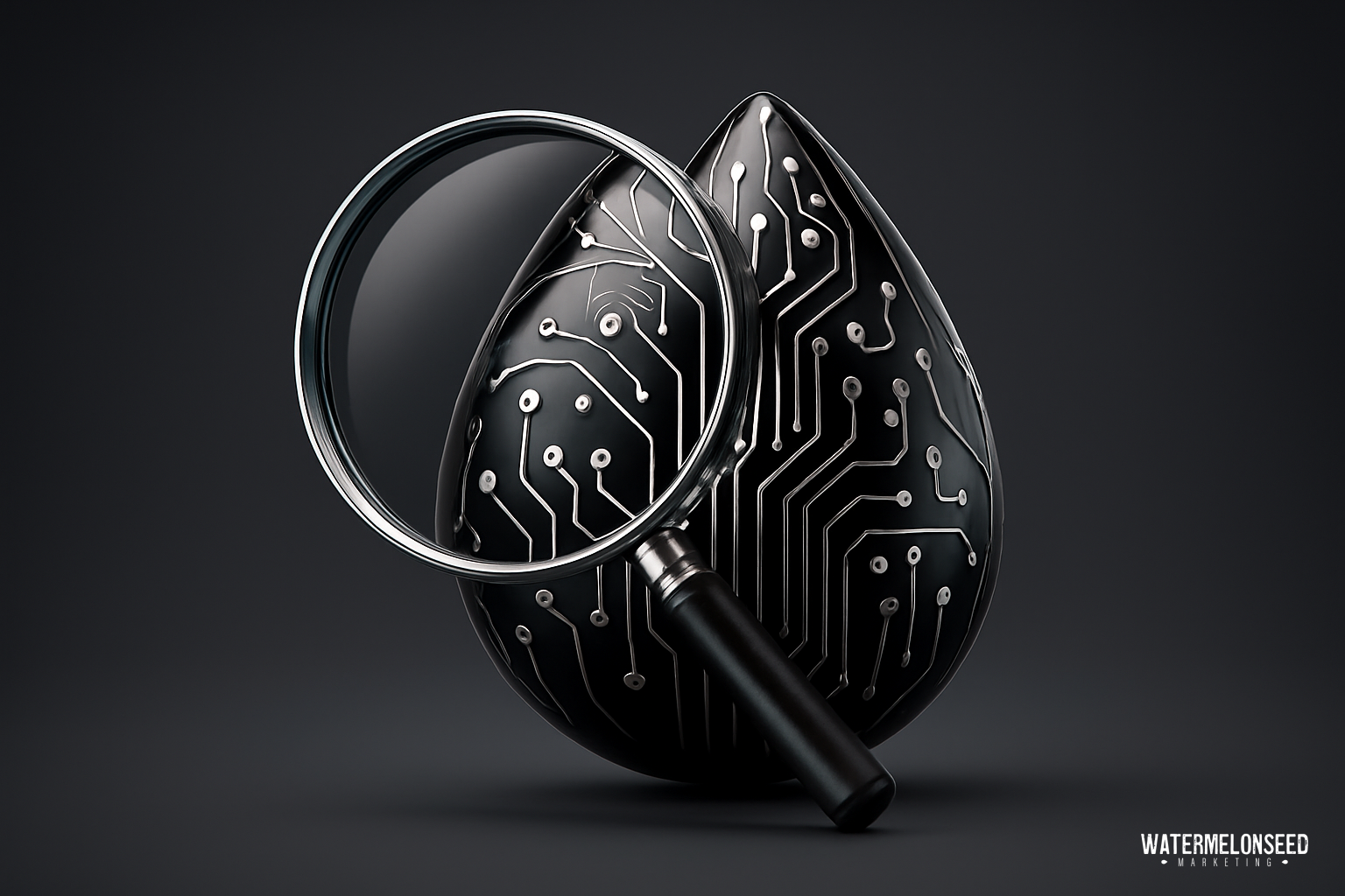 A magnifying glass hovers over a black, teardrop-shaped object with circuit-like patterns on its surface, subtly evoking the precision of SEO performance analytics, all set against a dark background.